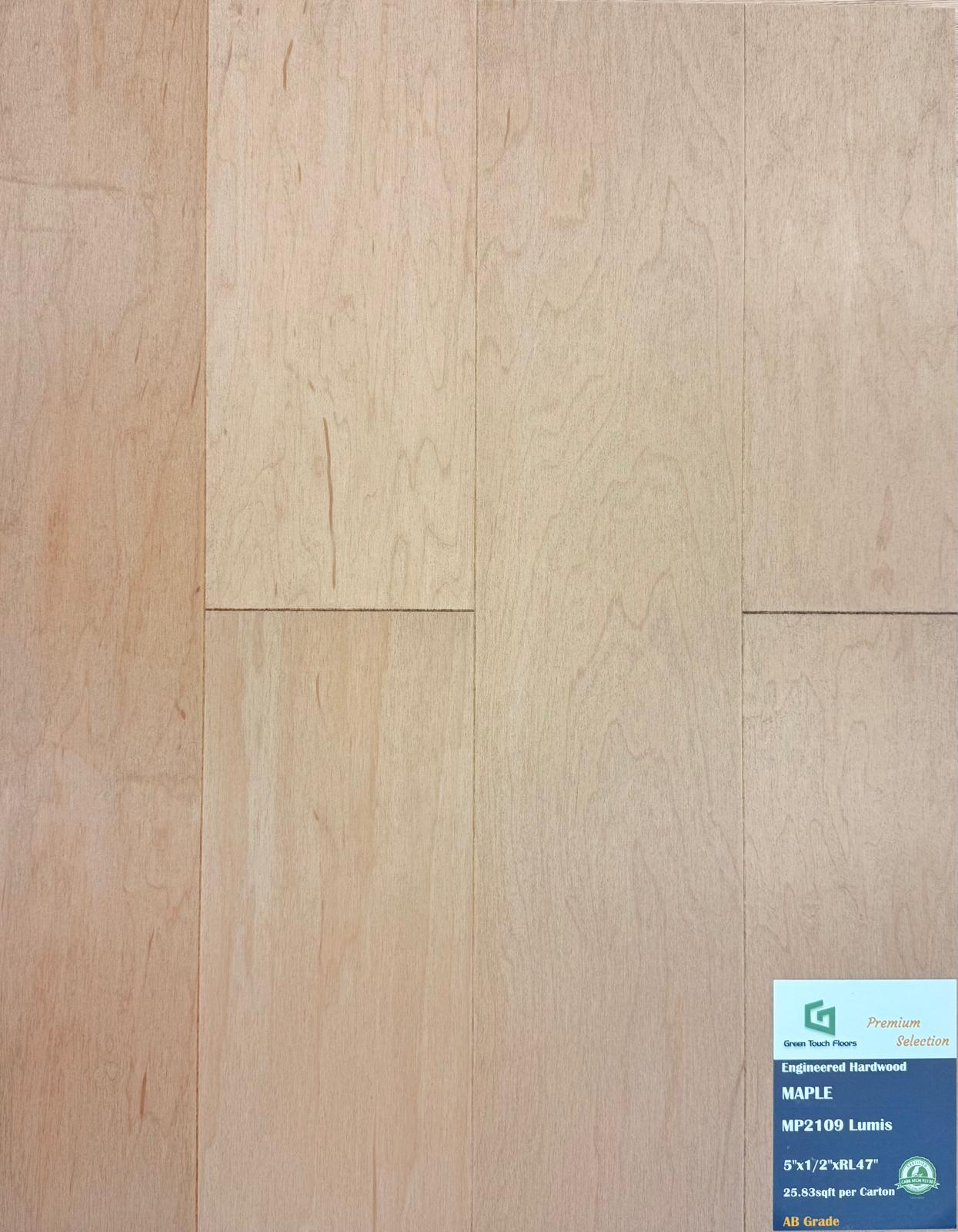 Close-up of LUMIS MP2109 - Green Touch 5"*1/2" click Maple engineered hardwood flooring sample. Available at Advanced Flooring Waterloo. 