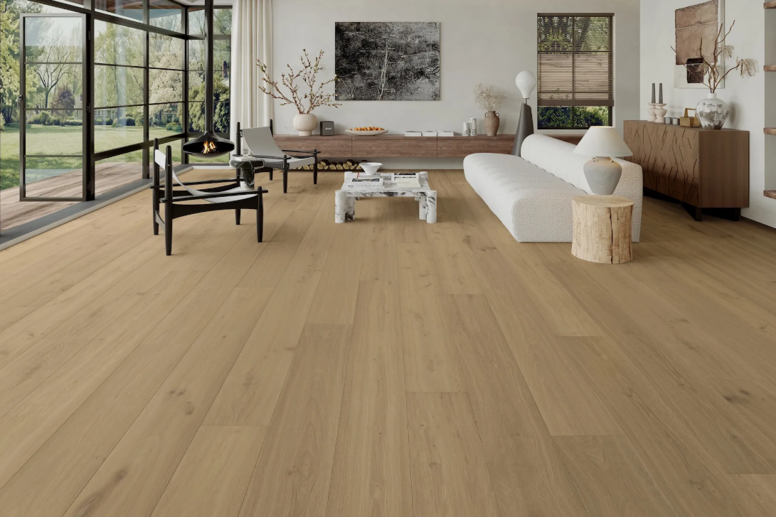 Madrigal - Fuzion Beaux Arta white oak engineered hardwood flooring, 4mm face layer, 3/4" thickness featuring a wide plank design, natural wood grain texture. Shop at Advanced Flooring Waterloo. 