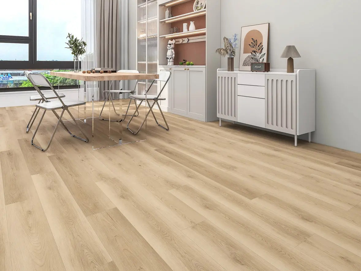 Modern living room with wooden flooring, furniture, and decor.