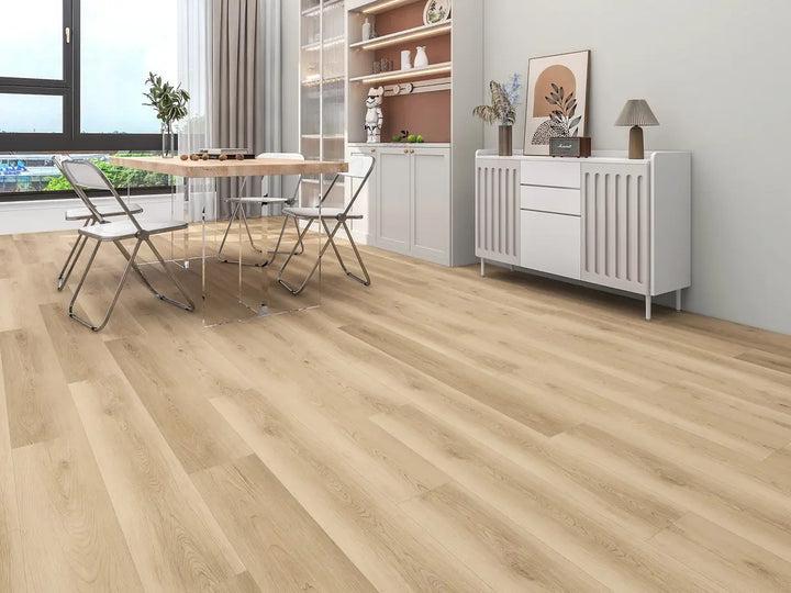 Modern living room with wooden flooring, furniture, and decor.