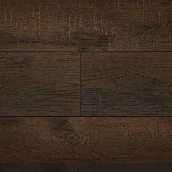 Close-up of dark brown wooden flooring with visible grain and texture.