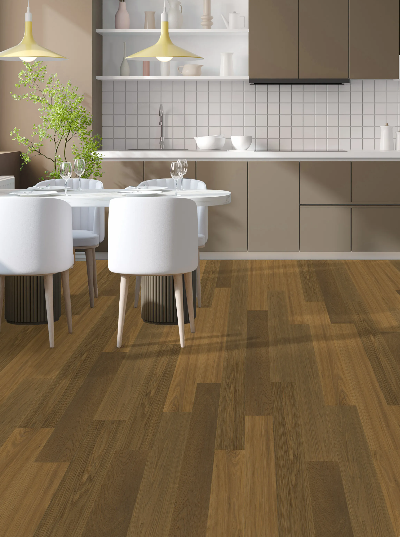 Marshland Taupe engineered oak hardwood flooring from Outer Banks Elite collection installed in a modern room, featuring wide 6" x 3/4" planks, 3mm veneer layer. Canada-wide delivery available. 