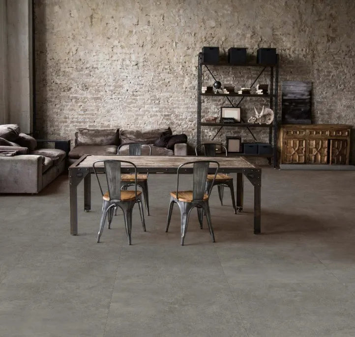 Purelux's Middleton 5 mm SPC vinyl tile from the Dynamic Tile Drop Series is installed in a modern house, showcasing a realistic tile look. Available at Advanced Flooring. 