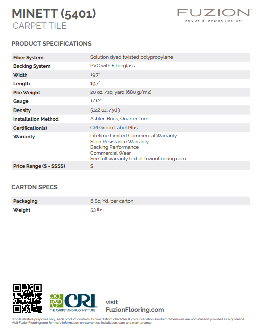 Product specifications sheet for Minett carpet tile by Fuzion Flooring on a white background.