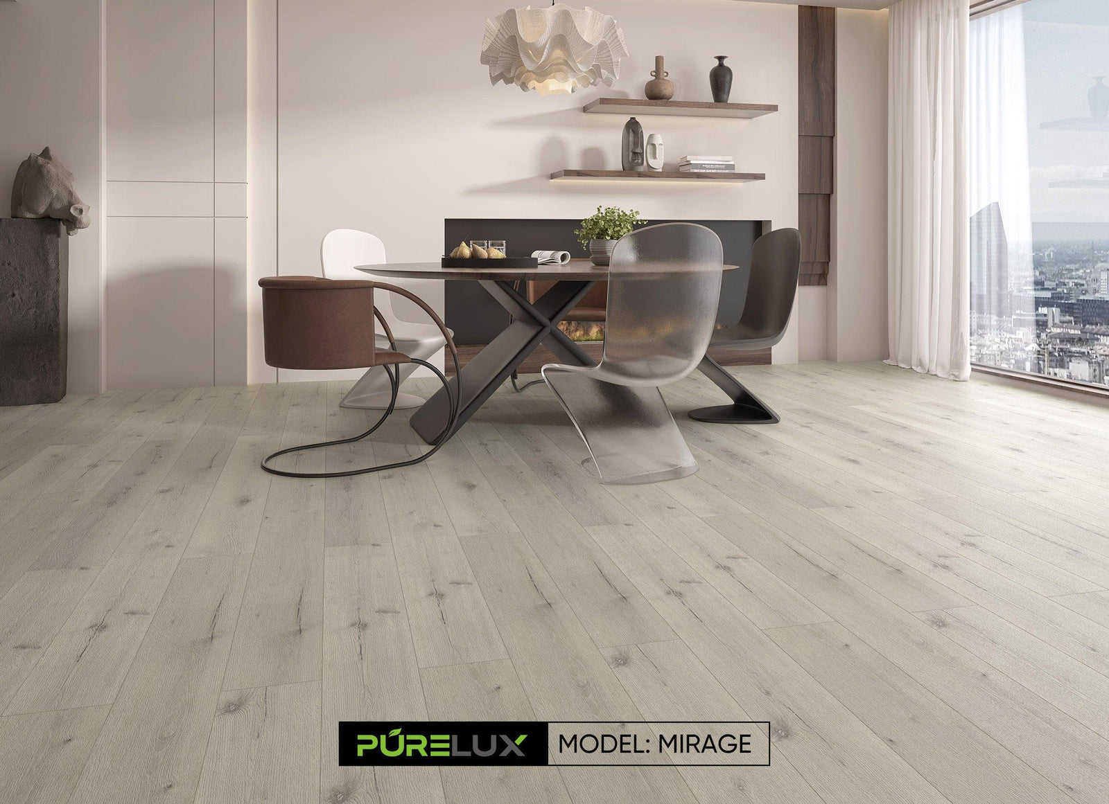 A bright and inviting room showcasing the rich, gray tones of Purelux vinyl plank flooring.