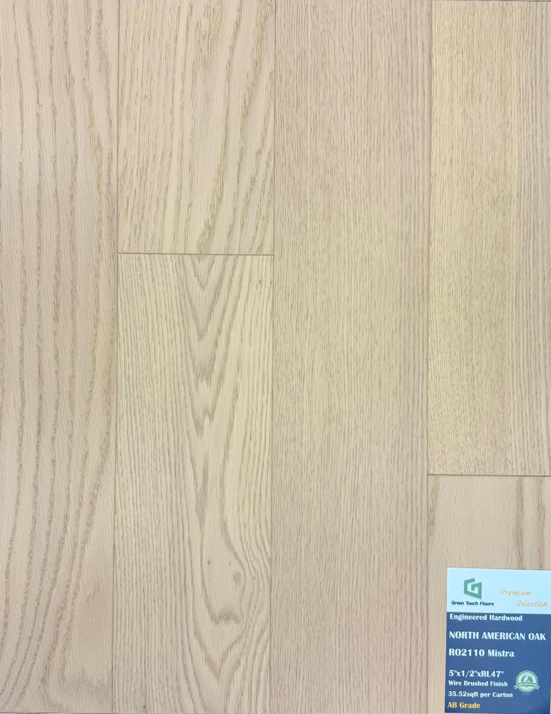 Close-up of MISTRA RO2110 - Green Touch 5"*1/2" click Red Oak engineered hardwood flooring sample. Available at Advanced Flooring Waterloo. 
