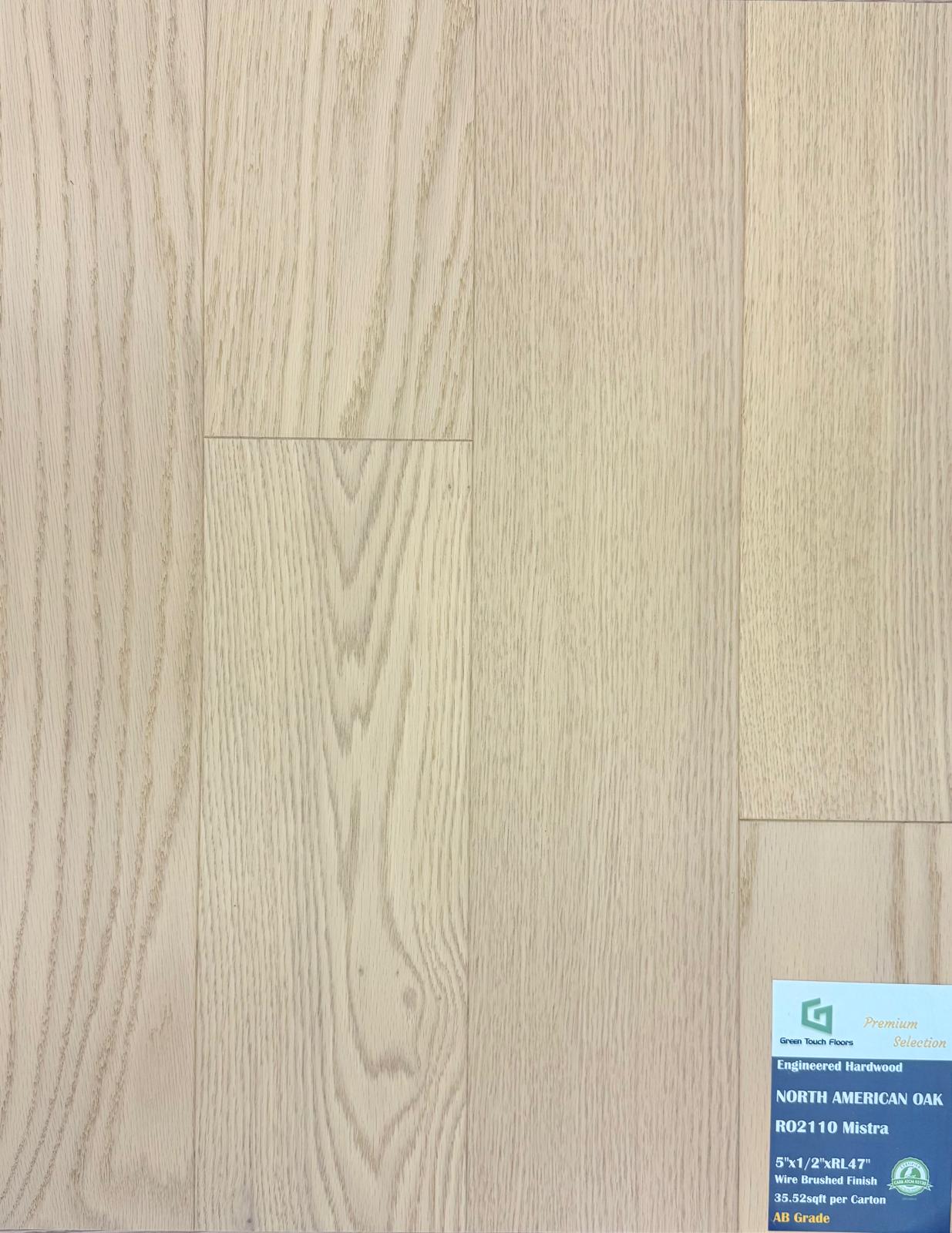 Close-up of MISTRA RO2110 - Green Touch 5"*1/2" click Red Oak engineered hardwood flooring sample. Available at Advanced Flooring Waterloo. 