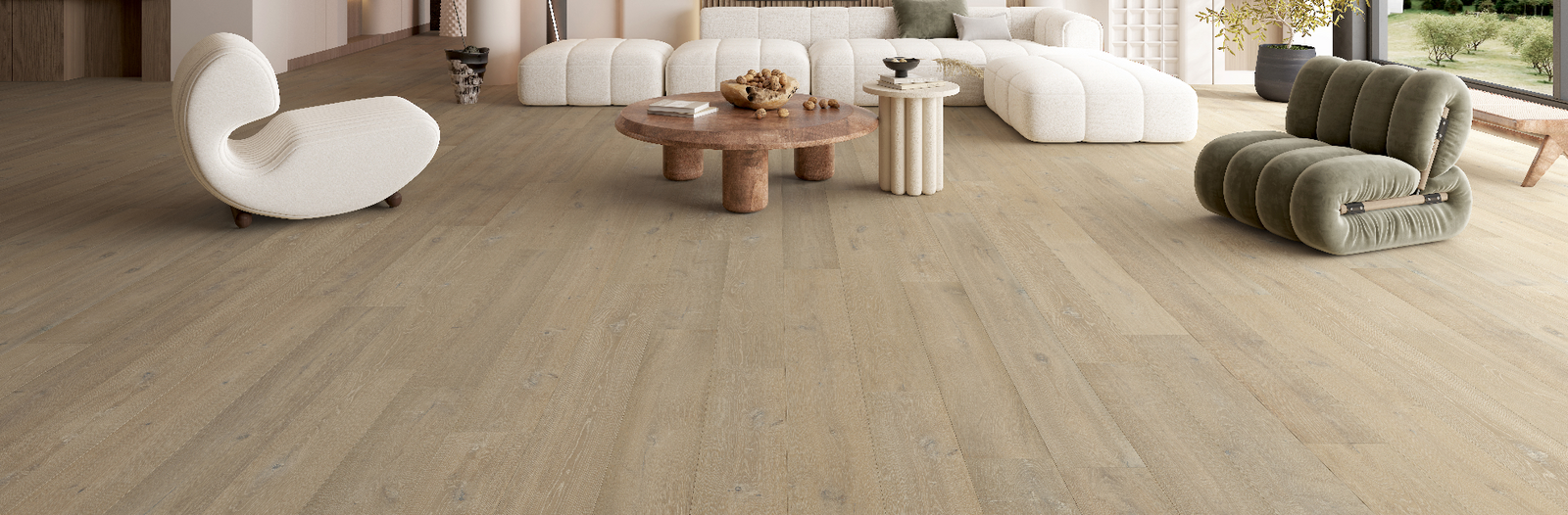 Misty Fjord - Fuzion TruNorth white oak engineered hardwood flooring, 3mm face layer, 9/16" thickness featuring a wide plank design, natural wood grain texture. Shop at Advanced Flooring Waterloo. 