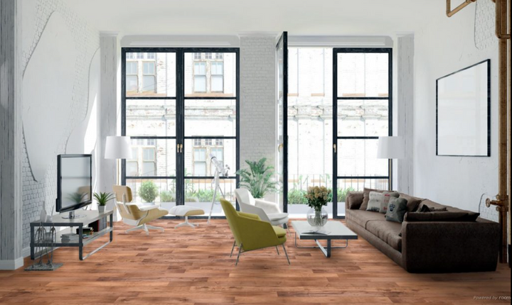 Mochaccino engineered maple hardwood flooring installed in a modern room, featuring wide 5" x 3/4" planks, 3mm - 4mm veneer layer, and natural wire-brushed finish. 