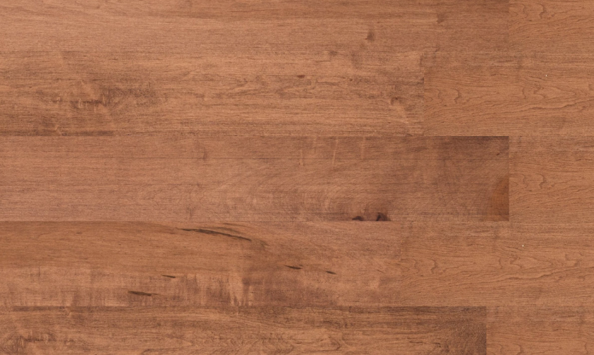 Close-up of Fusion Mochaccino engineered maple hardwood flooring from Bistro collection showing wire-brushed texture, T&G joint, 5" wide plank detail. Available at Advanced Flooring Waterloo. 