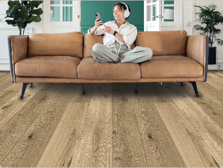 Modern Demask engineered oak hardwood flooring installed in a modern interior with wide 8 1/2 inch planks, from Fuzion’s Nouveau Renaissance Collection. Canada-wide delivery Available. 