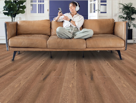 Mourning Dove engineered oak hardwood flooring installed in a modern interior with wide 8 1/2 inch planks, from Fuzion’s Nouveau Renaissance Collection. Canada-wide delivery Available. 