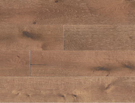 Mourning Dove engineered hardwood flooring by Fuzion showing wire brushed oak texture, 4mm veneer layer, and wide plank detail, available at Advanced Flooring Waterloo.
