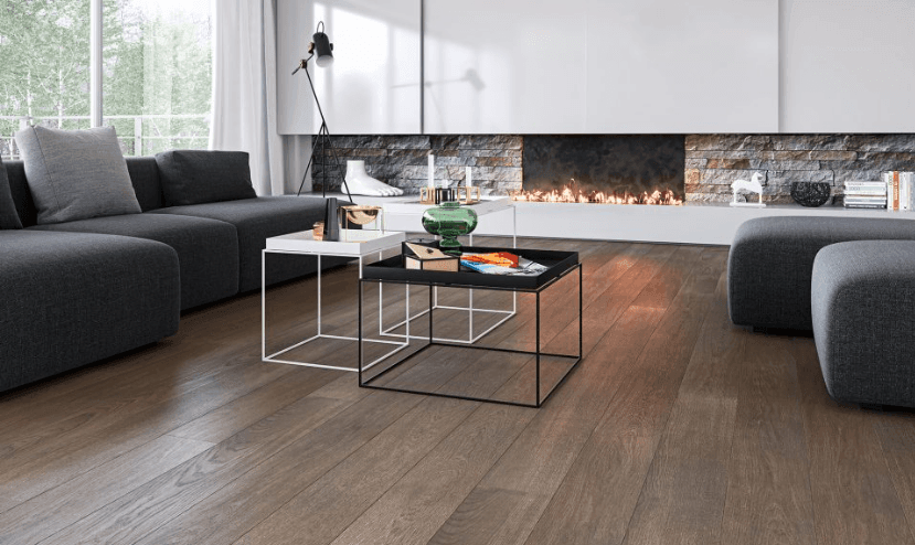Native engineered European oak hardwood flooring from Outer Banks Clic collection installed in a modern room, featuring wide 6" x 9/16" planks, 2.5mm veneer layer. Canada-wide delivery available. 