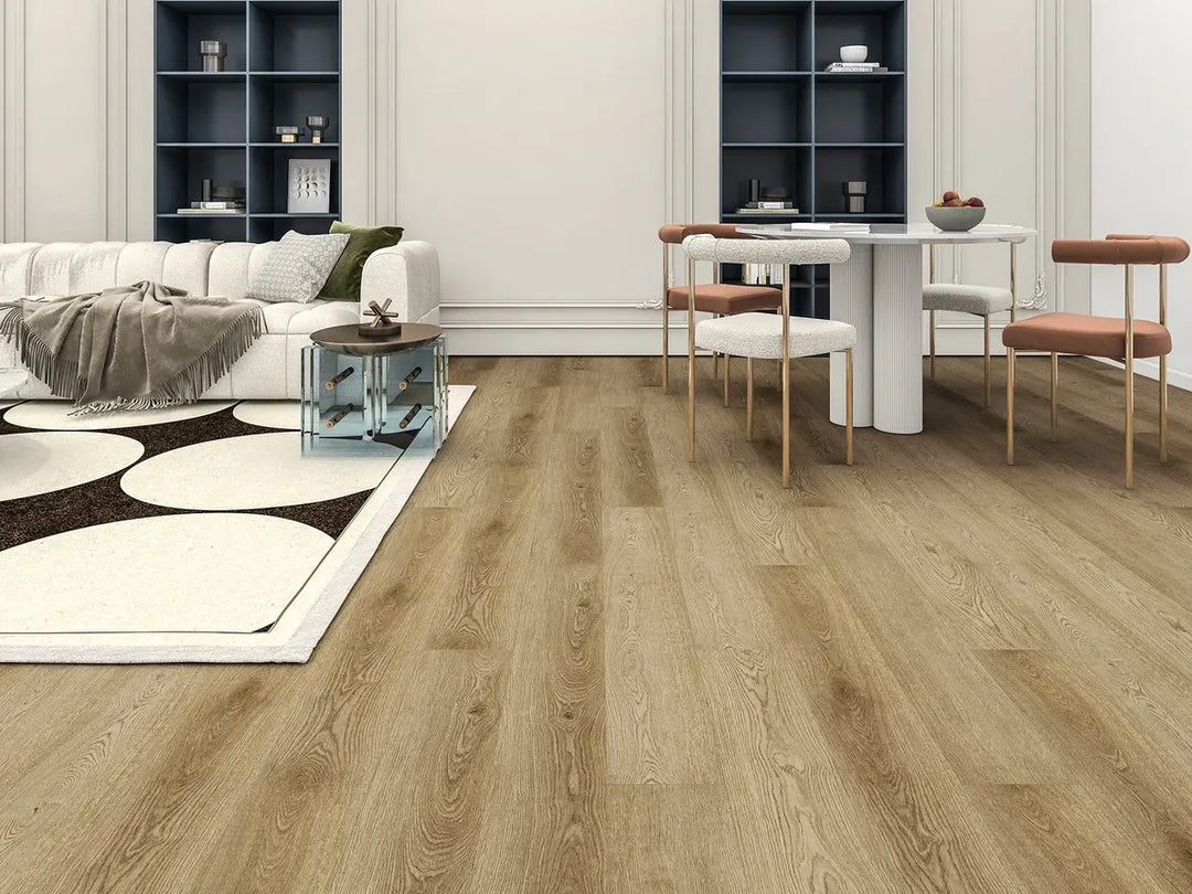 Living room with wooden flooring, white sofa, and modern decor.