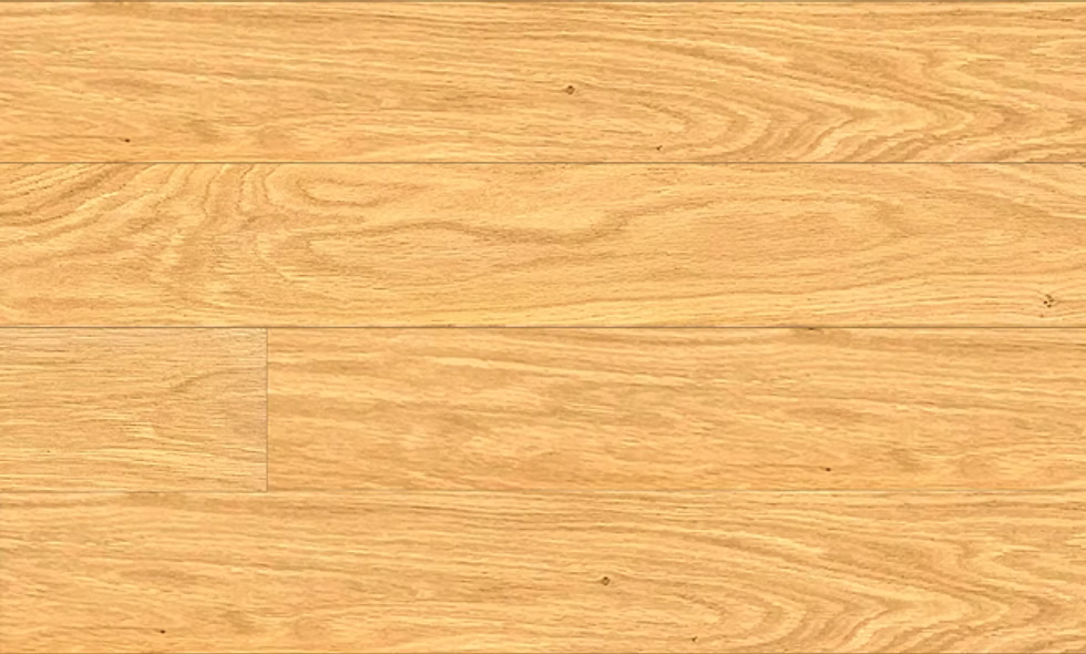 Close-up of Oatlight AB engineered hardwood flooring from Woden showing 6-1/2" wide plank and 4mm Veneer layer. 