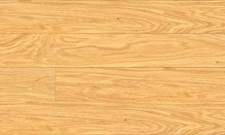 Close-up of Oatlight AB engineered hardwood flooring from Woden showing 6-1/2" wide plank and 4mm Veneer layer. 