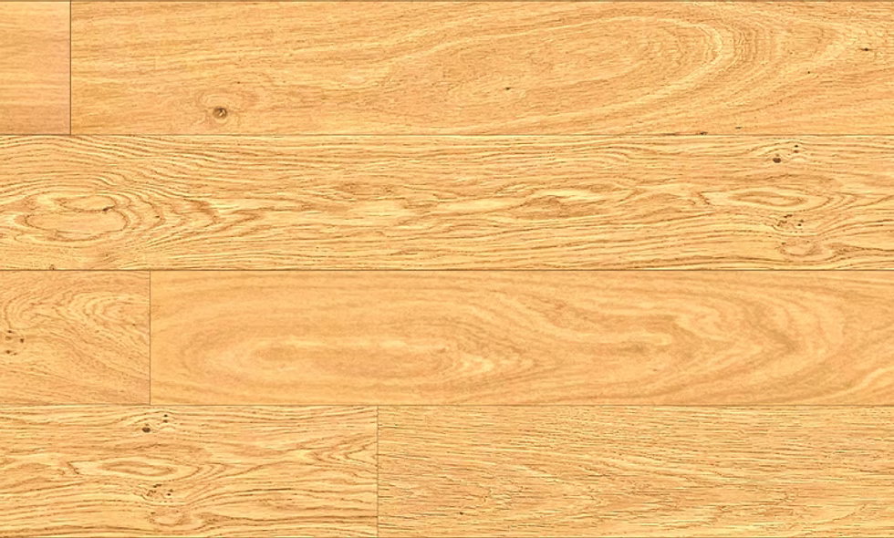 Close-up of Oatlight ABC engineered hardwood flooring from Woden showing 6-1/2" wide plank and 4mm Veneer layer. 