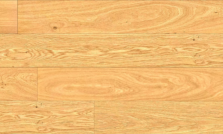 Close-up of Oatlight ABC engineered hardwood flooring from Woden showing 6-1/2" wide plank and 4mm Veneer layer. 