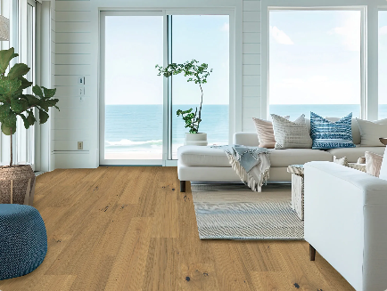Ocean Bluff engineered oak hardwood flooring installed in a modern interior with wide 7-1/2" planks & 2mm Veneer. Canada-wide delivery Available. 