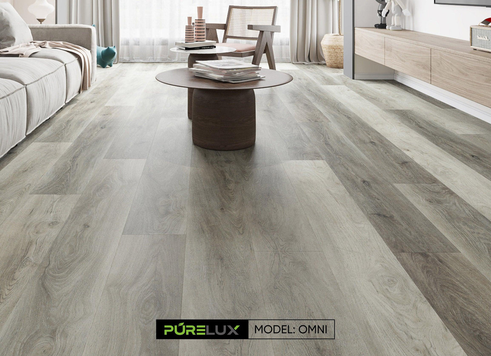 A bright and inviting living room showcasing the rich, brown gray tones of Purelux looselay vinyl plank flooring.