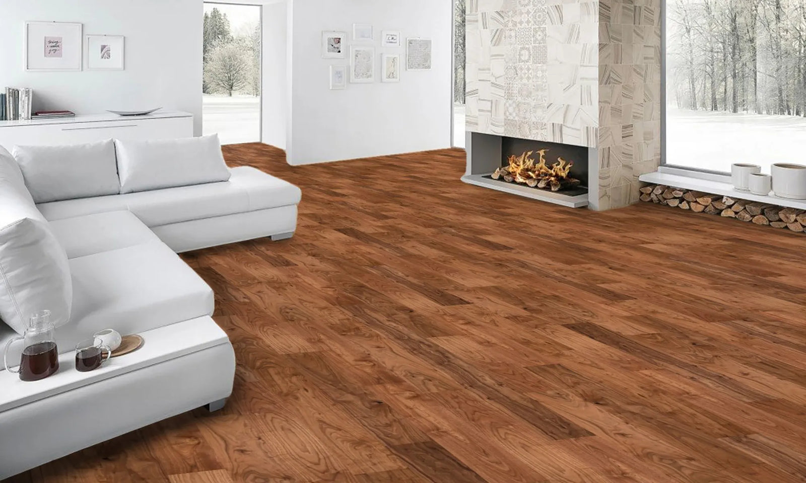 Opera engineered walnut hardwood flooring installed in a modern interior with wide 7 1/2 inch planks, from Fuzion’s Classical Elegance. Canada-wide delivery Available. 