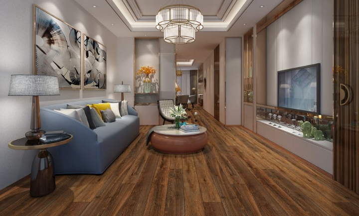 Orava Fuzion FuzGuard waterproof laminate flooring installed in modern living space, durable AC4 12mm planks. Available at Advanced Flooring Waterloo.