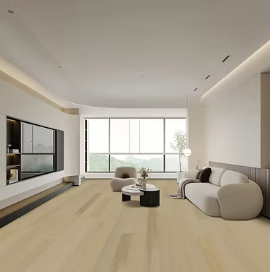Modern living room with a large window, sofa, and coffee table.