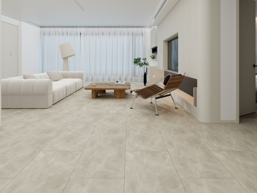 Modern living room with tiled floor and white walls