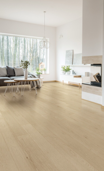 A modern room which displays the beautiful look of Oyster premium engineered hardwood flooring from Toucan.