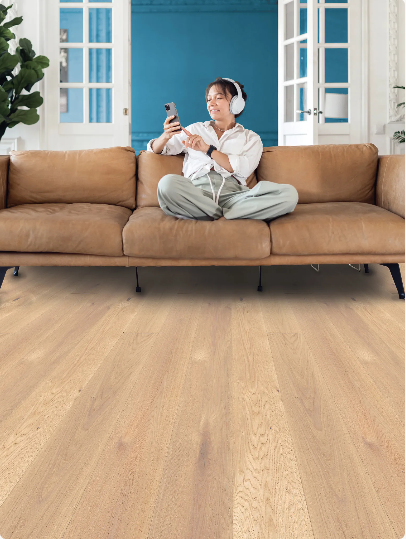 Playwright engineered oak hardwood flooring installed in a modern interior with wide 8 1/2 inch planks, from Fuzion’s Nouveau Renaissance Collection. Canada-wide delivery Available. 