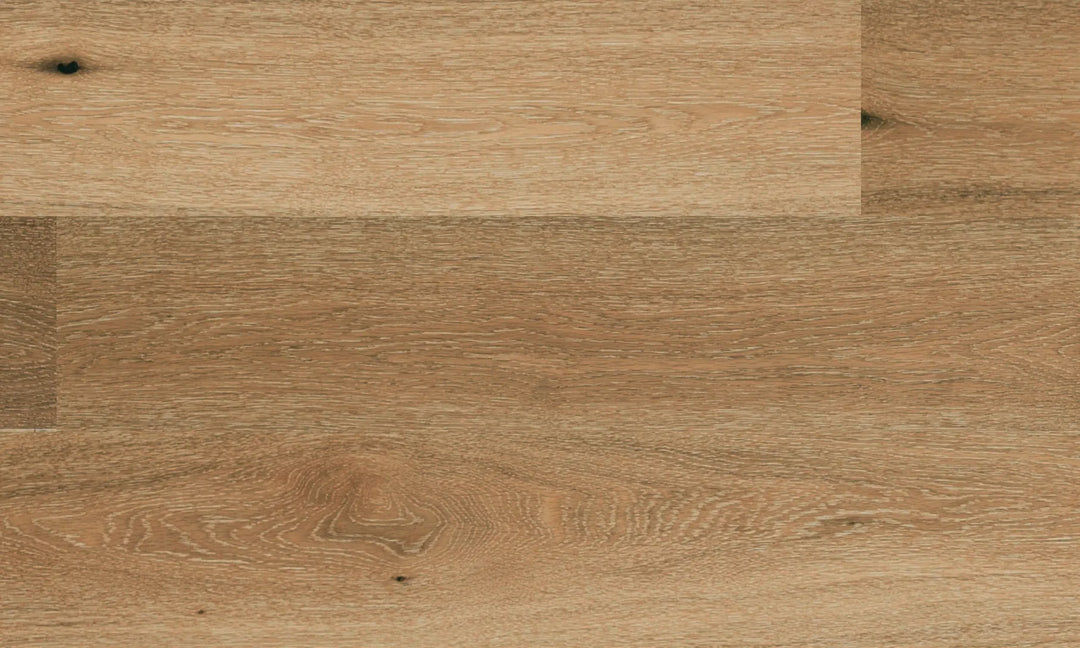 Close-up of Prelude engineered oak hardwood flooring by Fuzion, featuring a wire-brushed texture, 7 1/2" x 9/16" plank. Available at Advanced Flooring Waterloo.