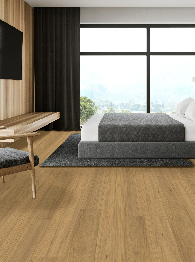 Quiet Quill engineered oak hardwood flooring installed in a modern interior with wide 6 1/2 inch planks, from Fuzion’s Demure Collection. Canada-wide delivery Available. 