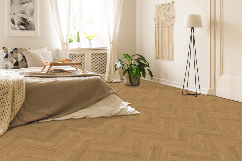 Radiant Ridge engineered oak hardwood flooring installed in a modern room, featuring wide 4-3/4" x 3/4" planks, 3mm veneer layer, and natural wire-brushed finish. Canada-wide delivery available. 