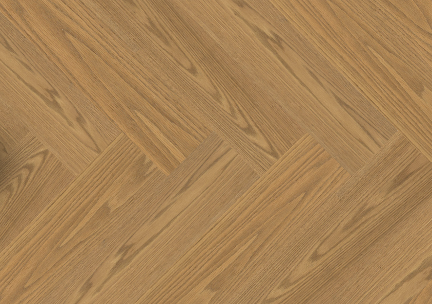 Close-up of Fusion Radiant Ridge engineered oak hardwood flooring from Velvet Grove Herringbone collection showing wire-brushed texture, T&G joint, 4-3/4" wide plank detail. Available at Advanced Flooring Waterloo. 