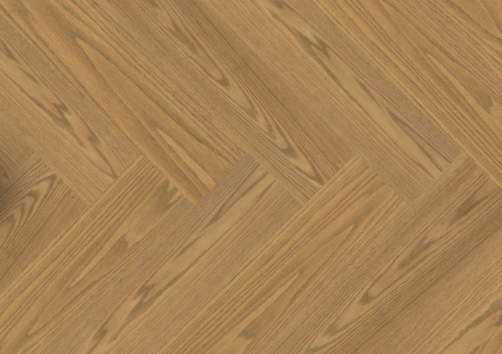Close-up of Fusion Radiant Ridge engineered oak hardwood flooring from Velvet Grove Herringbone collection showing wire-brushed texture, T&G joint, 4-3/4" wide plank detail. Available at Advanced Flooring Waterloo. 