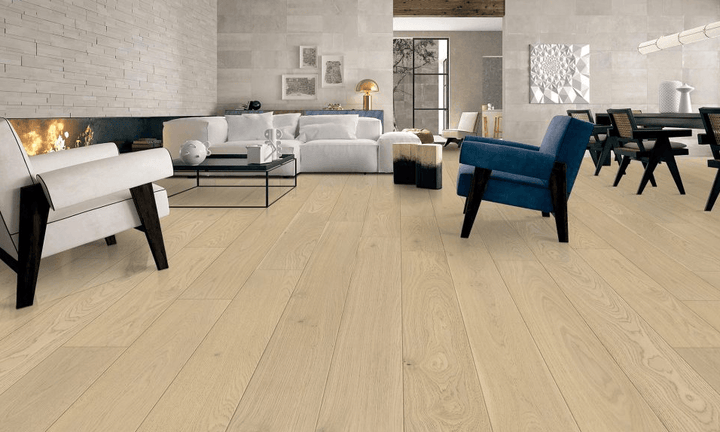 Reflections engineered oak hardwood flooring installed in a modern interior with wide 6 1/2 inch planks, from Fuzion’s Demure Collection. Canada-wide delivery Available. 