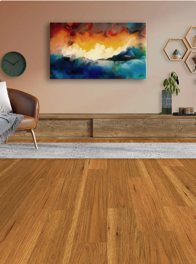 Regal Ochre engineered hickory hardwood flooring installed in a modern interior with wide 8 1/2 inch planks, from Fuzion’s Nouveau Renaissance Collection. Canada-wide delivery Available. 