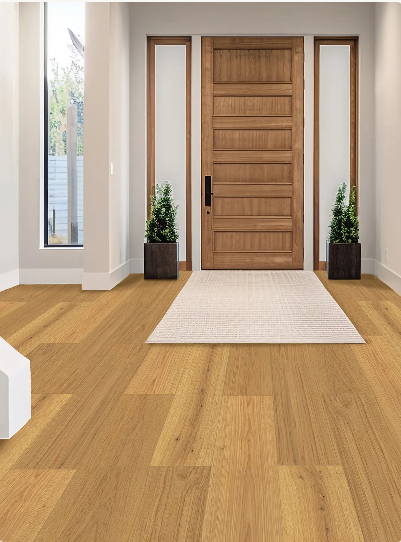 Regent Rustic Fusion engineered oak hardwood flooring installed in a modern room, featuring wide 7-1/2 inch planks, 2mm veneer layer, and natural wire-brushed finish. 