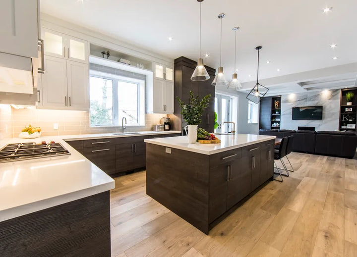 Rhapsody engineered oak hardwood flooring installed in a modern interior with wide 7 1/2 inch planks, from Fuzion’s Classical Elegance. Canada-wide delivery Available. 