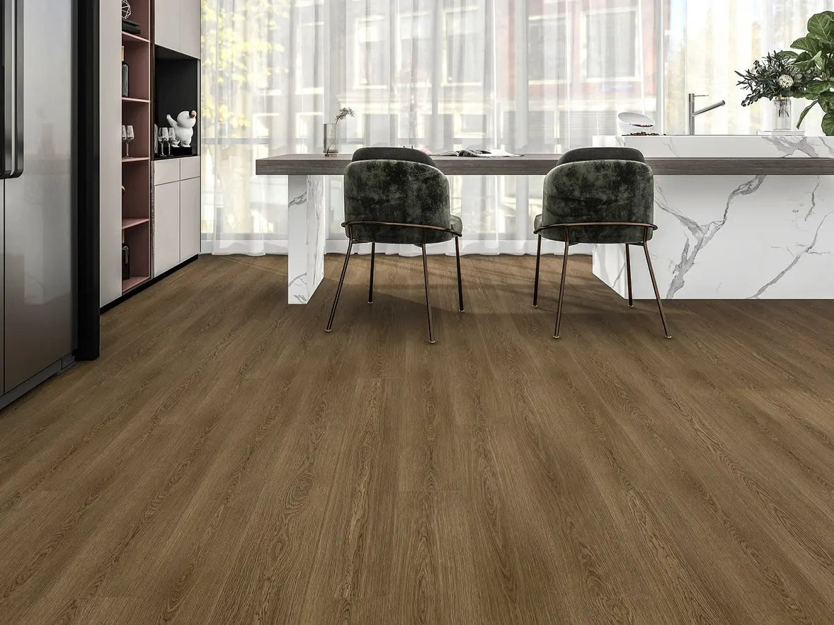 Wooden flooring in a modern kitchen with chairs and a marble countertop.