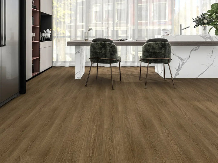 Wooden flooring in a modern kitchen with chairs and a marble countertop.