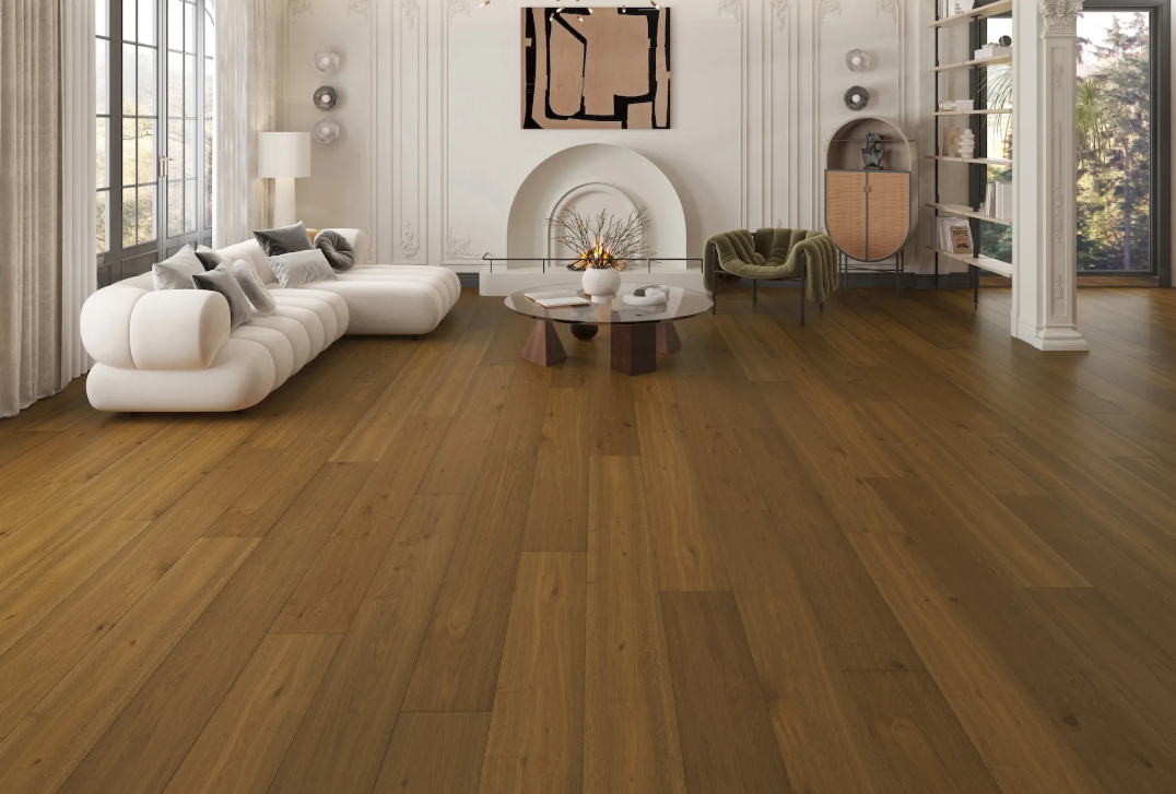 Roccia - Fuzion Beaux Arta white oak engineered hardwood flooring, 4mm face layer, 3/4" thickness featuring a wide plank design, natural wood grain texture. Shop at Advanced Flooring Waterloo. 