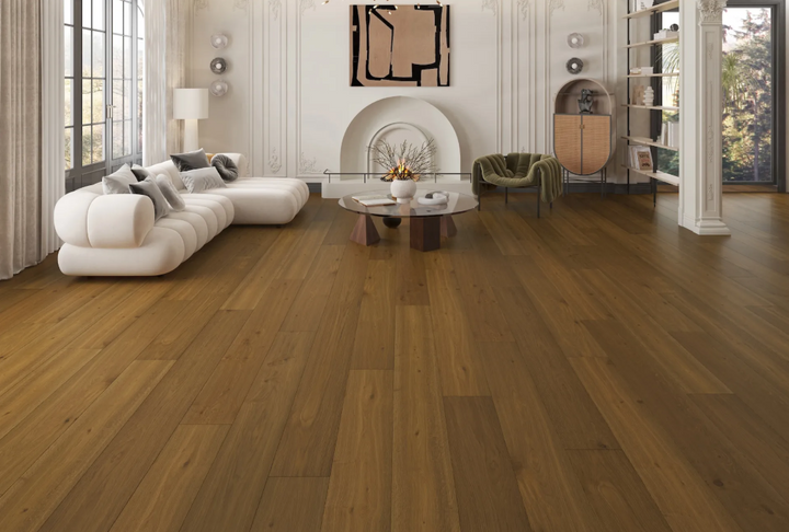 Roccia - Fuzion Beaux Arta white oak engineered hardwood flooring, 4mm face layer, 3/4" thickness featuring a wide plank design, natural wood grain texture. Shop at Advanced Flooring Waterloo. 
