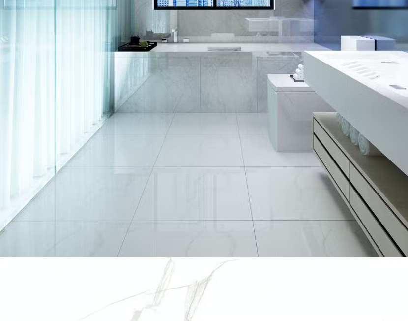 A modern bathroom with Delicato tiles featuring a natural marble effect with white, gray, and subtle beige color variations.