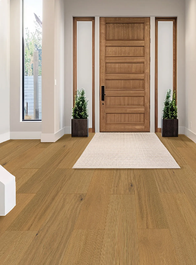 Royal Rye Fusion engineered oak hardwood flooring installed in a modern room, featuring wide 7-1/2 inch planks, 2mm veneer layer, and natural wire-brushed finish. 