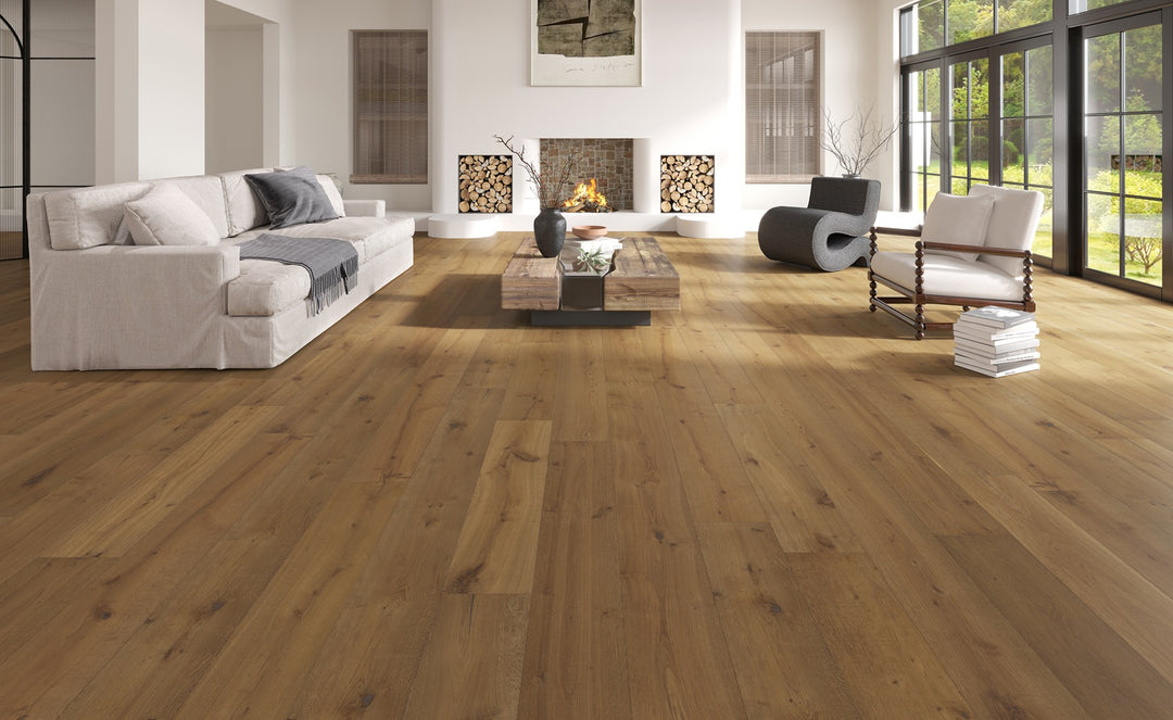Rustic Echo - Fuzion TruNorth white oak engineered hardwood flooring, 3mm face layer, 9/16" thickness featuring a wide plank design, natural wood grain texture. Shop at Advanced Flooring Waterloo. 