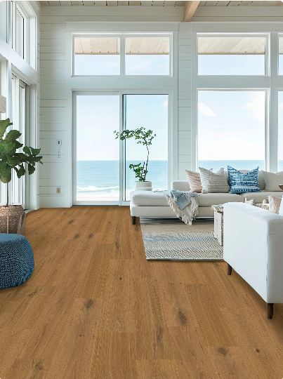 Saltwash engineered oak hardwood flooring installed in a modern interior with wide 7-1/2" planks & 2mm Veneer. Canada-wide delivery Available. 