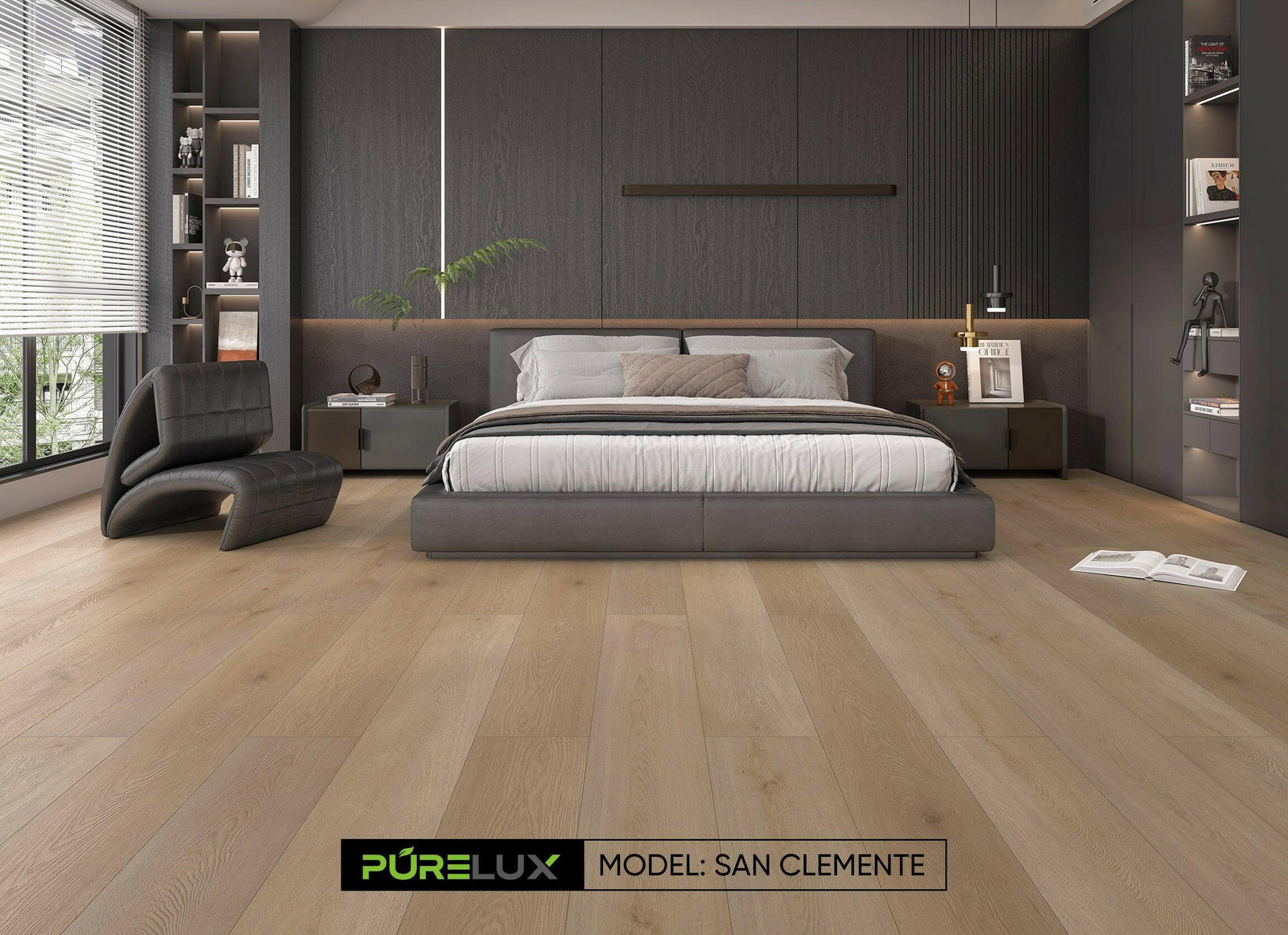 A bright and inviting bedroom showcasing the rich, brown gray tones of Purelux wide vinyl plank flooring.