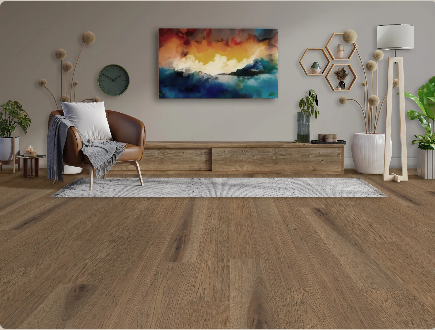 Scribe engineered hickory hardwood flooring installed in a modern interior with wide 8 1/2 inch planks, from Fuzion’s Nouveau Renaissance Collection. Canada-wide delivery Available. 